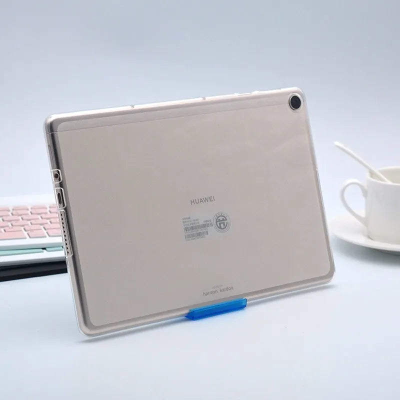 Clear transparent ultra-thin silicone protective case for a tablet on a plain background.