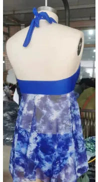 Blue women's bikini briefs swimsuit made from spandex fabric on a mannequin.