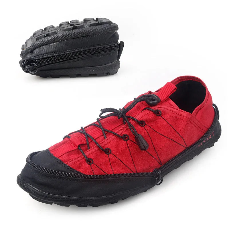 Portable folding outdoor hiking shoes with side zipper in orange, black or grey colour options