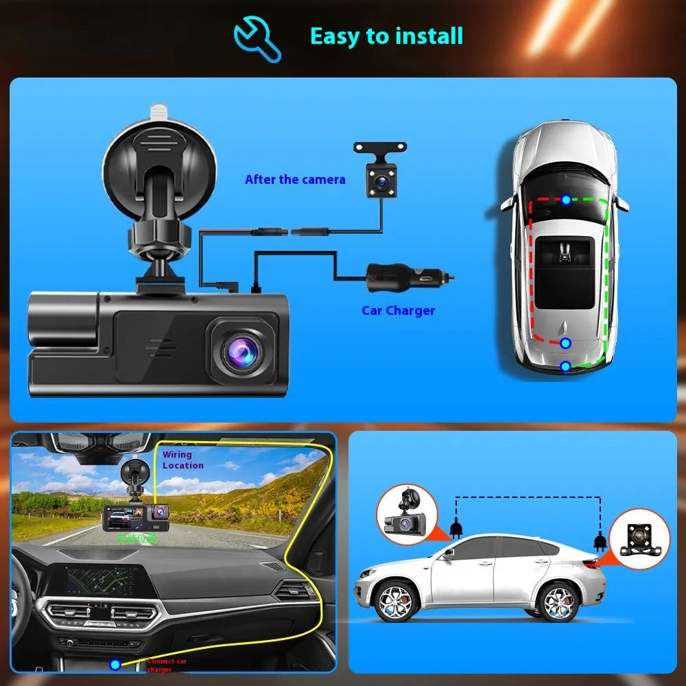WiFi car dash cam with front and rear cameras showing on 2.0 inch screen with data cable for mobile phone connection