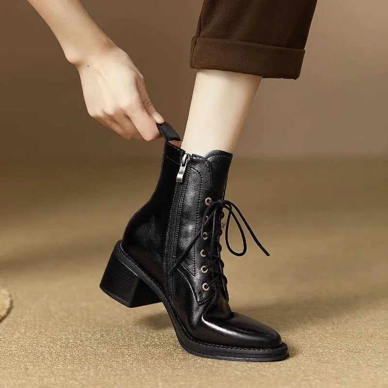 Women's black pointed toe short tube boots with 5.5cm heel and 13cm shaft