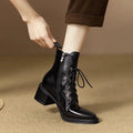 Women's black pointed toe short tube boots with 5.5cm heel and 13cm shaft