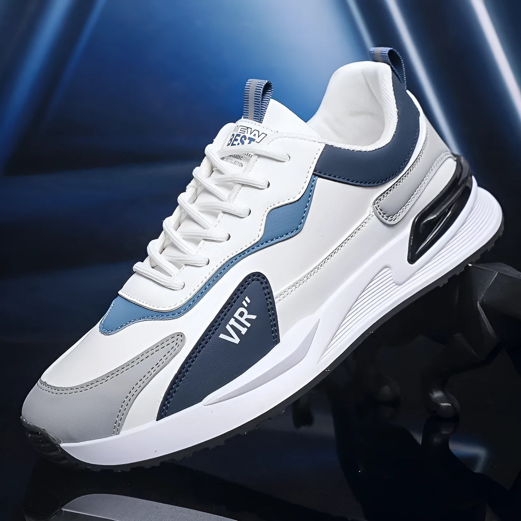 Men's colour block mesh casual running shoes in black, flat heel and round toe design.