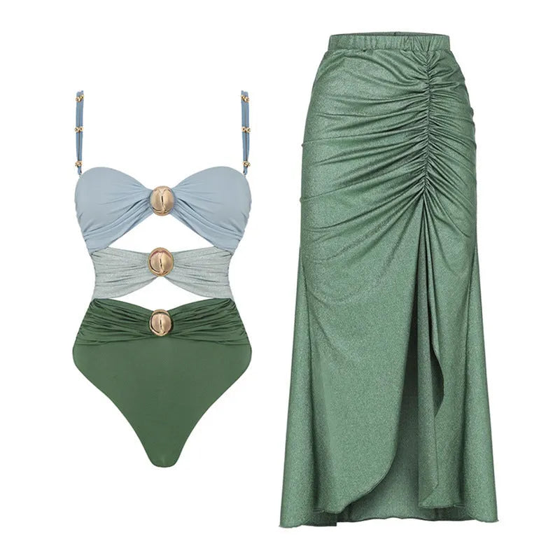 Yellow and green women's high waist two-piece bikini swimsuit on a mannequin.