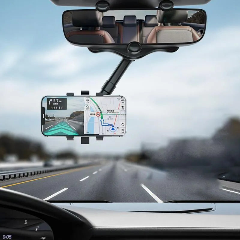 Black rearview mirror phone holder with 360 rotatable clamp and telescopic arm attached to car mirror