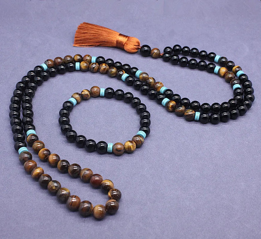 Black agate beads jewellery set with tigereye ornament stone necklace and geometric bracelet