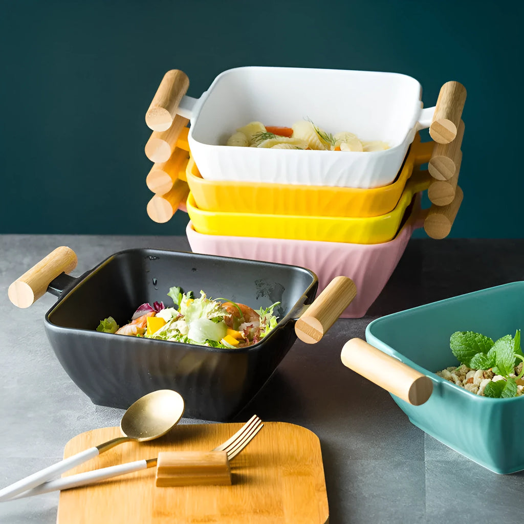 Creative irregular shaped porcelain bowl with lid in modern style, shown in available colours.
