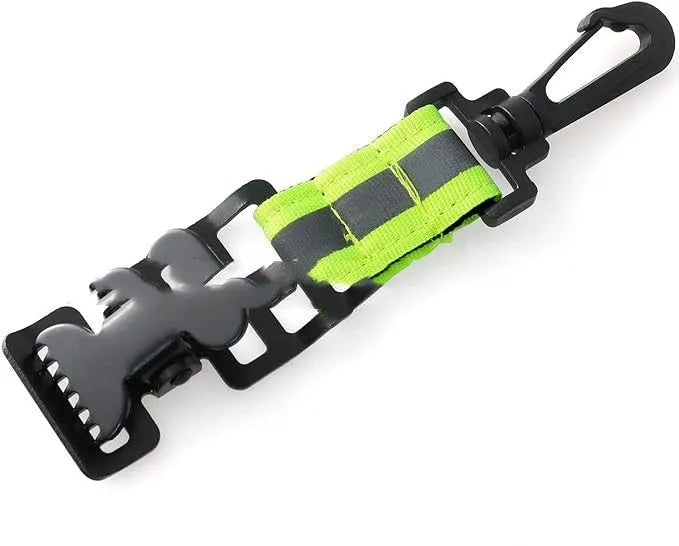 Fluorescent green reflective metal buckle clip for securing fireman gloves.