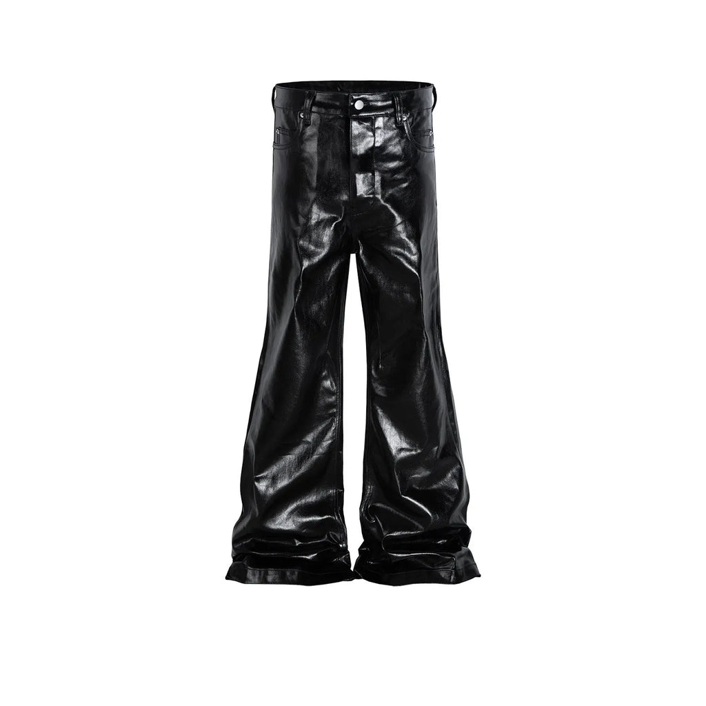 Black coated skinny jeans with a shiny patent leather finish and straight leg cut.