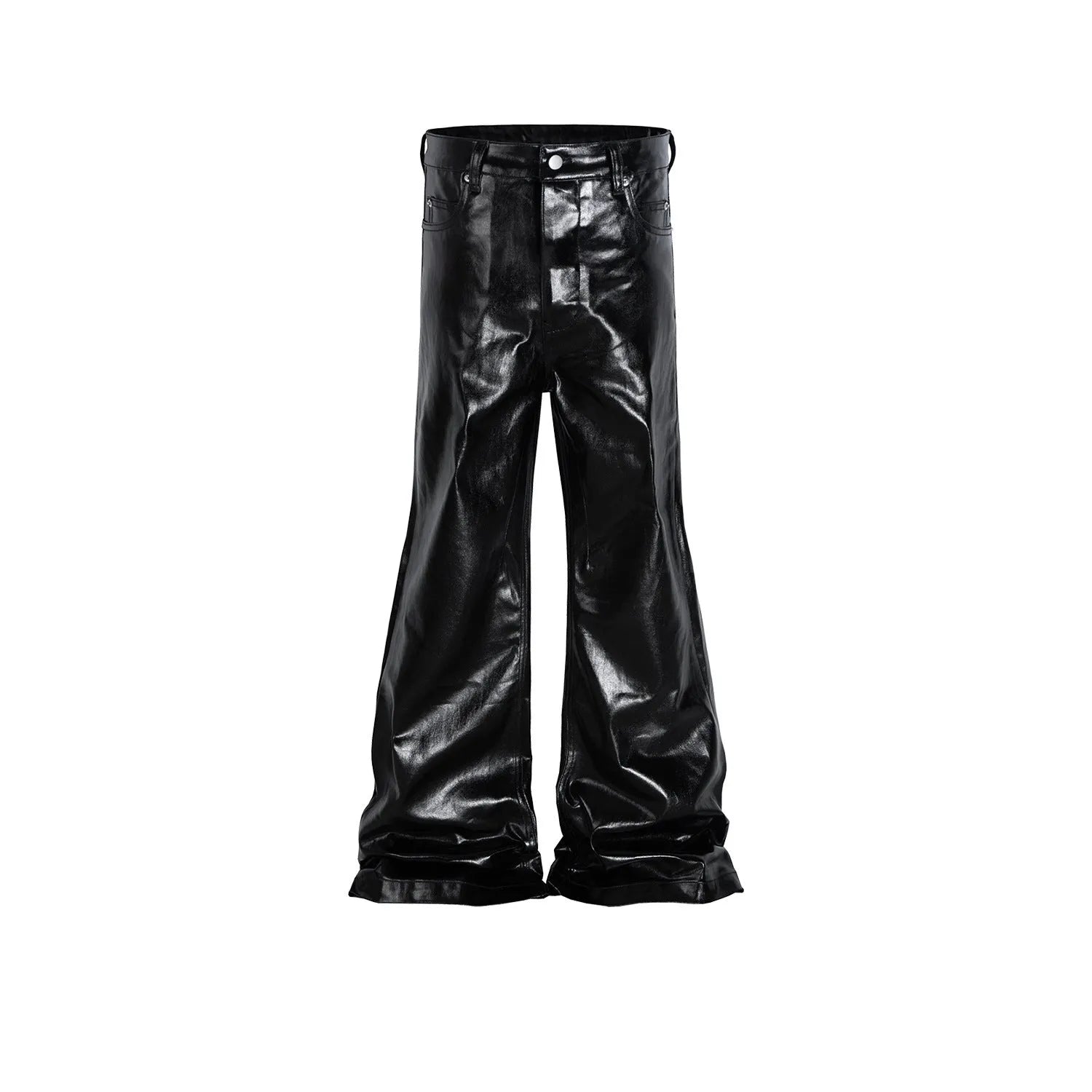 Black coated skinny jeans with a shiny patent leather finish and straight leg cut.