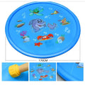 Blue children's water spray play mat with marine animal prints on grass