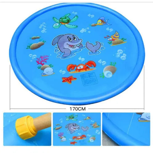 Blue children's water spray play mat with marine animal prints on grass