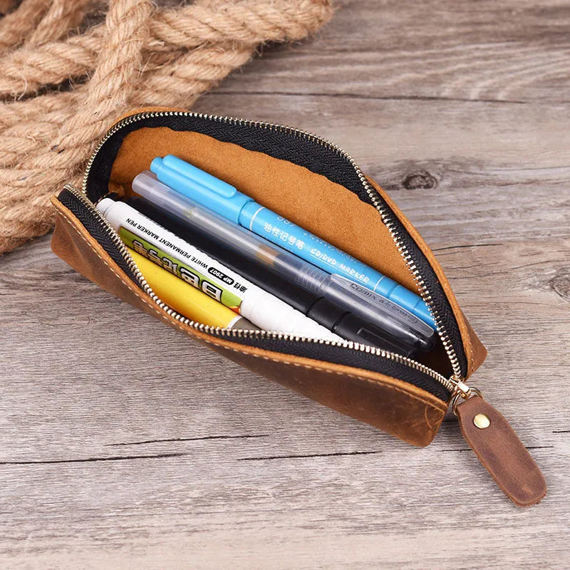 Square leather glasses and pen case with zipper closure in four colour options