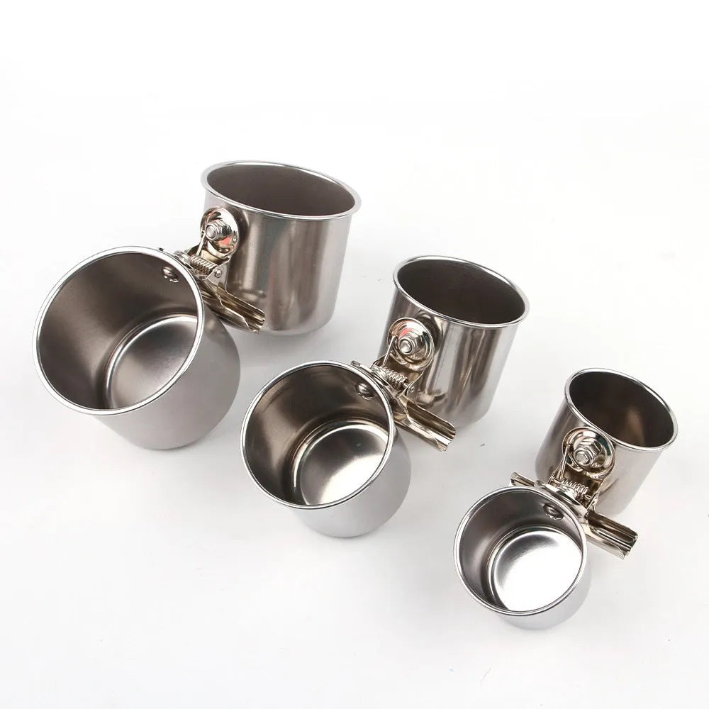 Stainless steel outdoor bird feeder for cage mounting in large, medium, and small sizes.