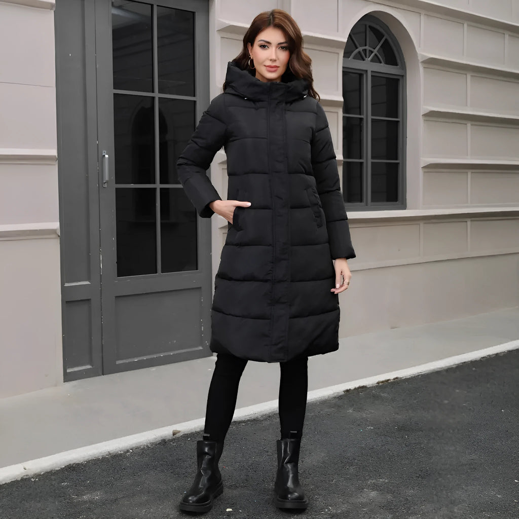Black hooded slim fit long sleeve cotton jacket with polyester lining