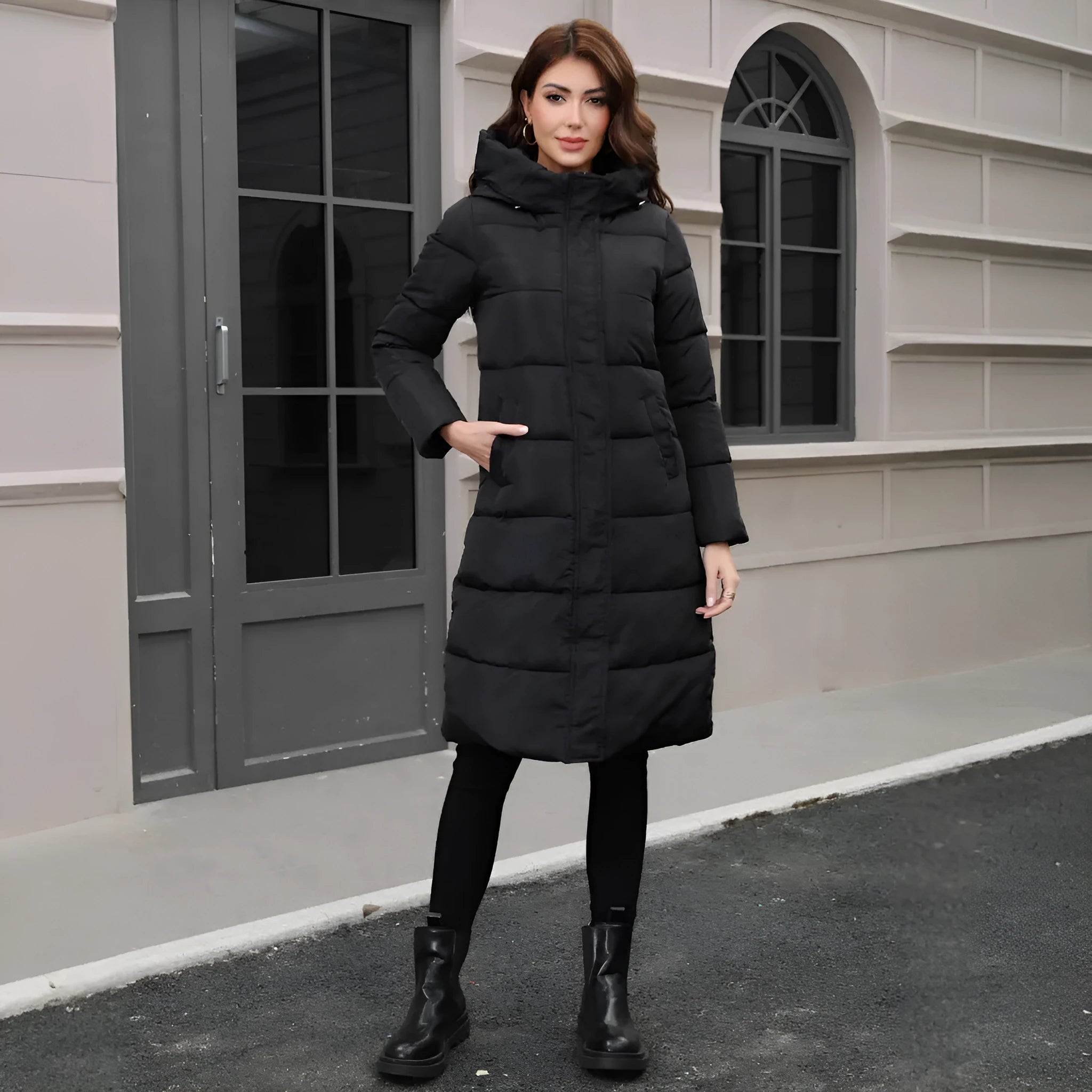 Black hooded slim fit long sleeve cotton jacket with polyester lining