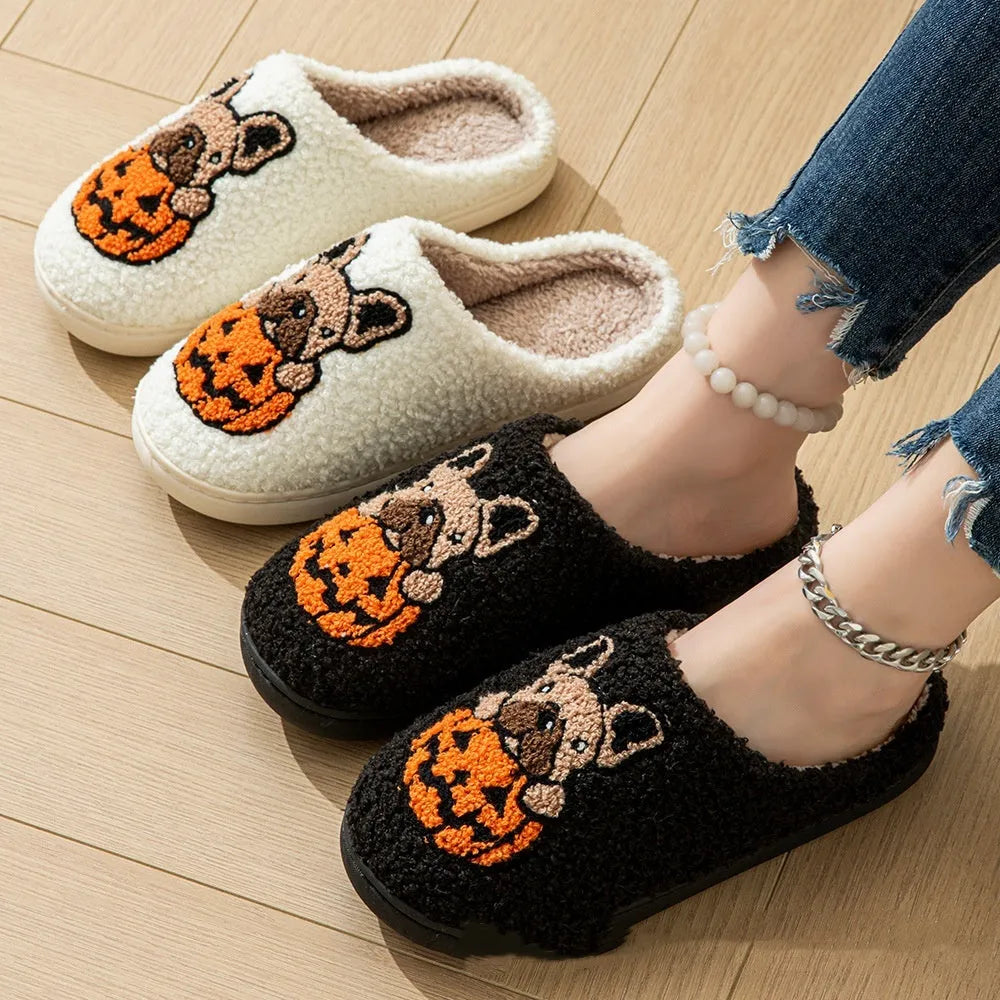 Halloween pumpkin slippers with TPR rubber soles in black or white colours for indoor outdoor wear