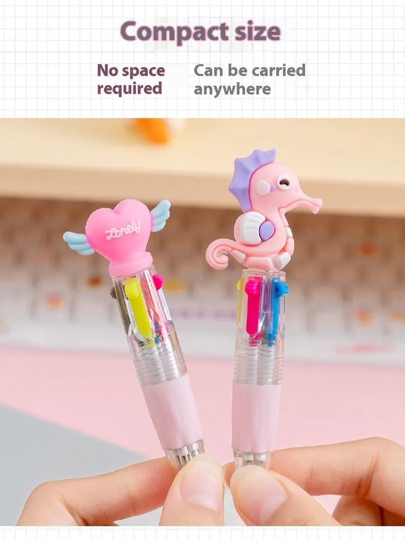 Cute cartoon four-colour press ballpoint pen with silicone grip and 0.7mm tip