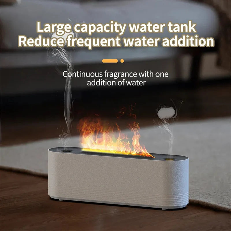 Black and white ultrasonic flame air humidifier and aroma diffuser with LED lights on a table.