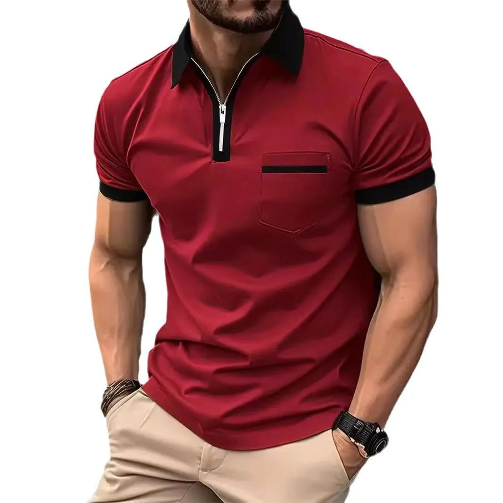 Men's loose fit casual short sleeve shirt with chest pocket and zipper decoration detail
