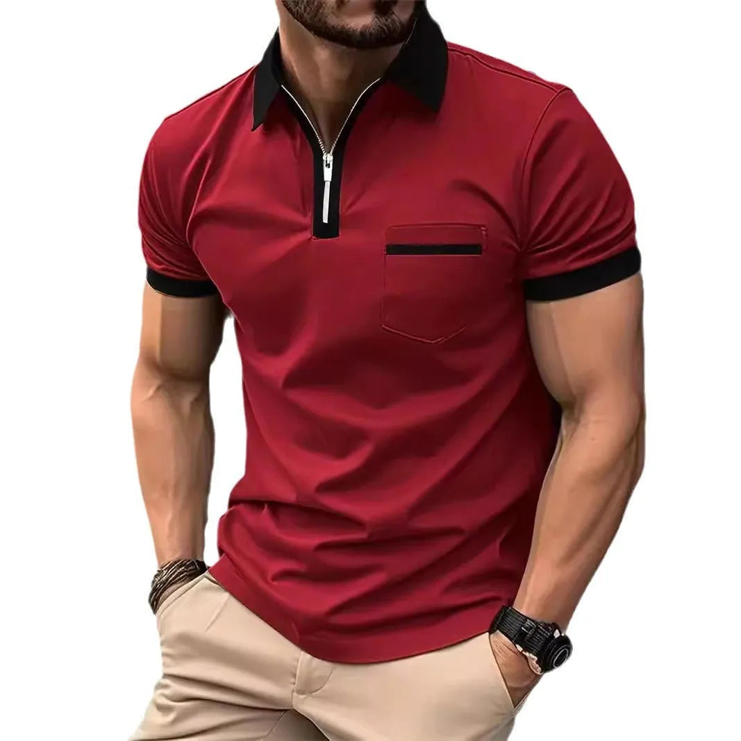 Men's loose fit casual short sleeve shirt with chest pocket and zipper decoration detail