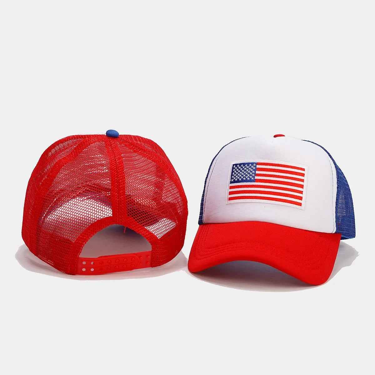 Red and blue contrast mesh adjustable baseball cap on a solid background