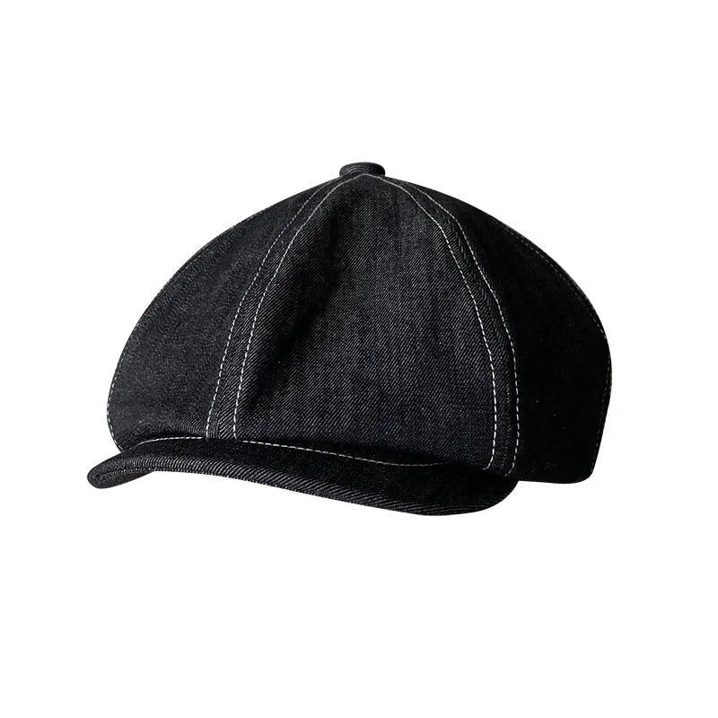 Black cotton Japanese denim beret hat with retro octagonal design shown on adult model