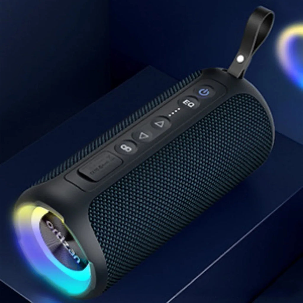 Black and blue fabric wireless Bluetooth speaker with 40W output, card slot, and lighting