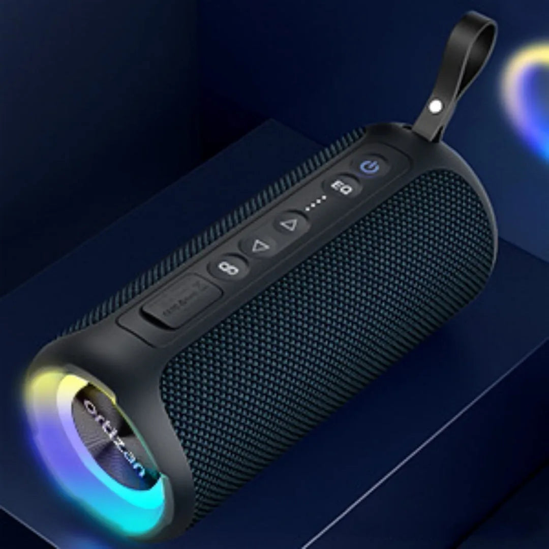 Black and blue fabric wireless Bluetooth speaker with 40W output, card slot, and lighting