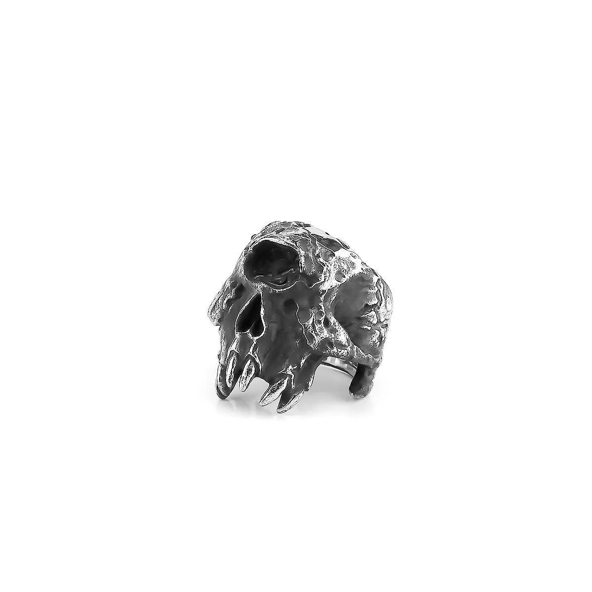 Alloy skull ring with one-eyed design and electroplated metallic finish shown on hand