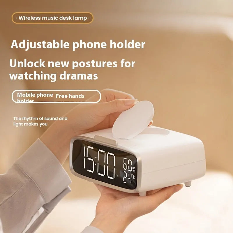 White wireless charging Bluetooth speaker alarm clock with LED display
