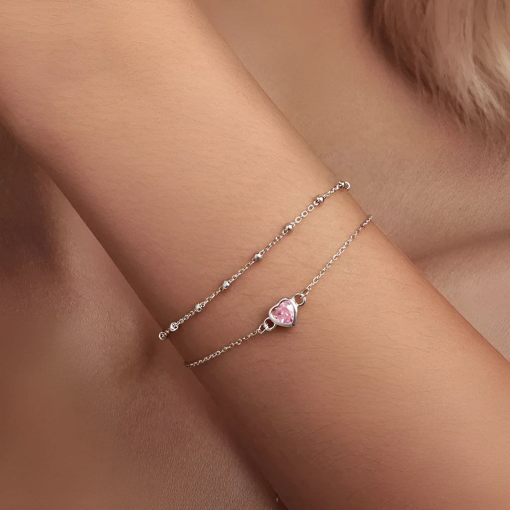 Sweet girlish style 925 sterling silver bracelet with heart-shaped pendant and adjustable chain