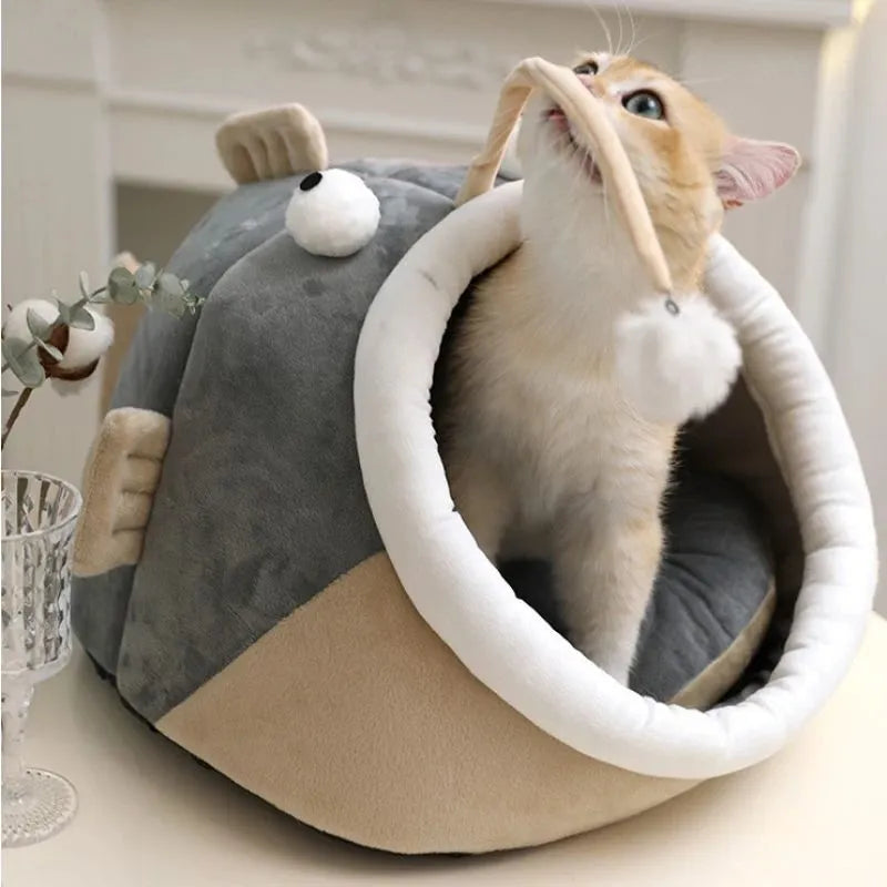 Multifunctional winter cat nest in deerskin velvet semi-closed lantern fish shape Gray colour size M