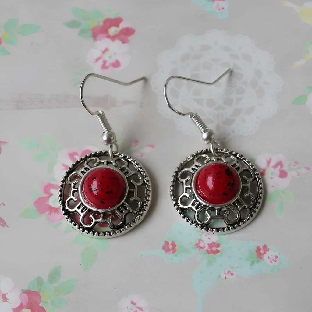 Miao silver geometric flower disk earrings with totem patterns in red, blue or black
