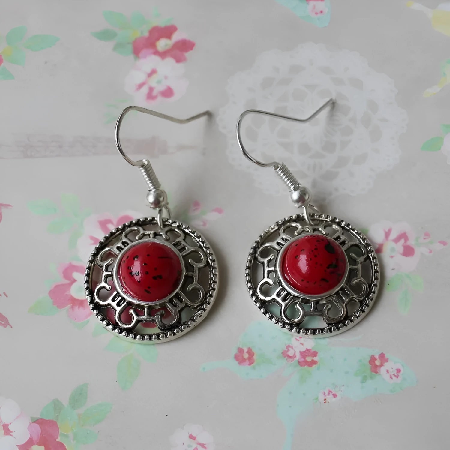 Miao silver geometric flower disk earrings with totem patterns in red, blue or black
