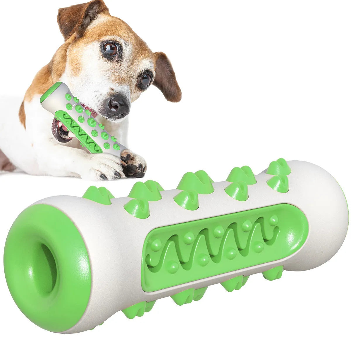 Natural rubber dog toothbrush chew toy in blue, showing textured surfaces and measuring 15 cm long.