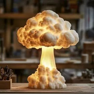 Mushroom cloud shaped modern art table lamp with USB power cable on a table.