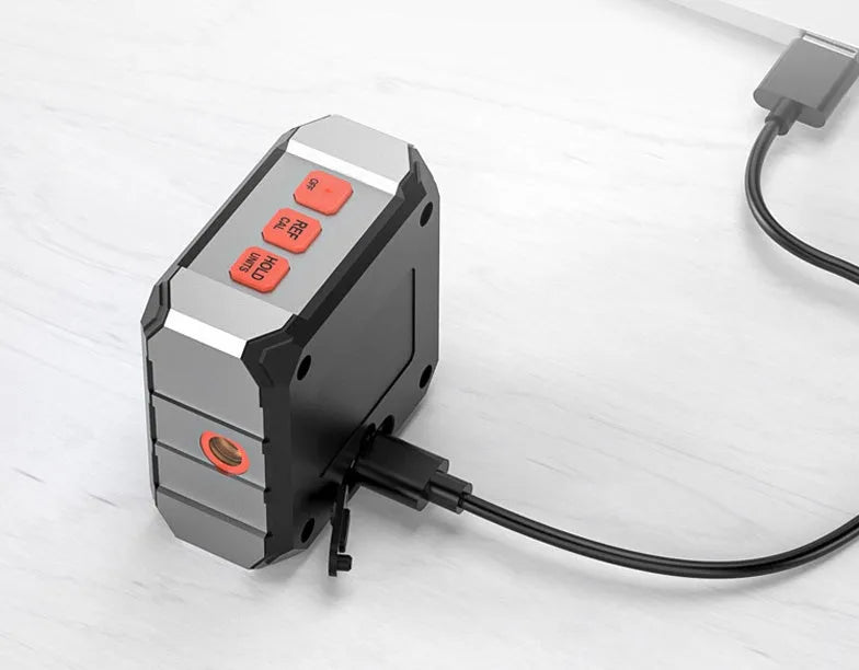 Digital laser infrared inclinometer with steel tape measure showing backlight display and magnetic sides