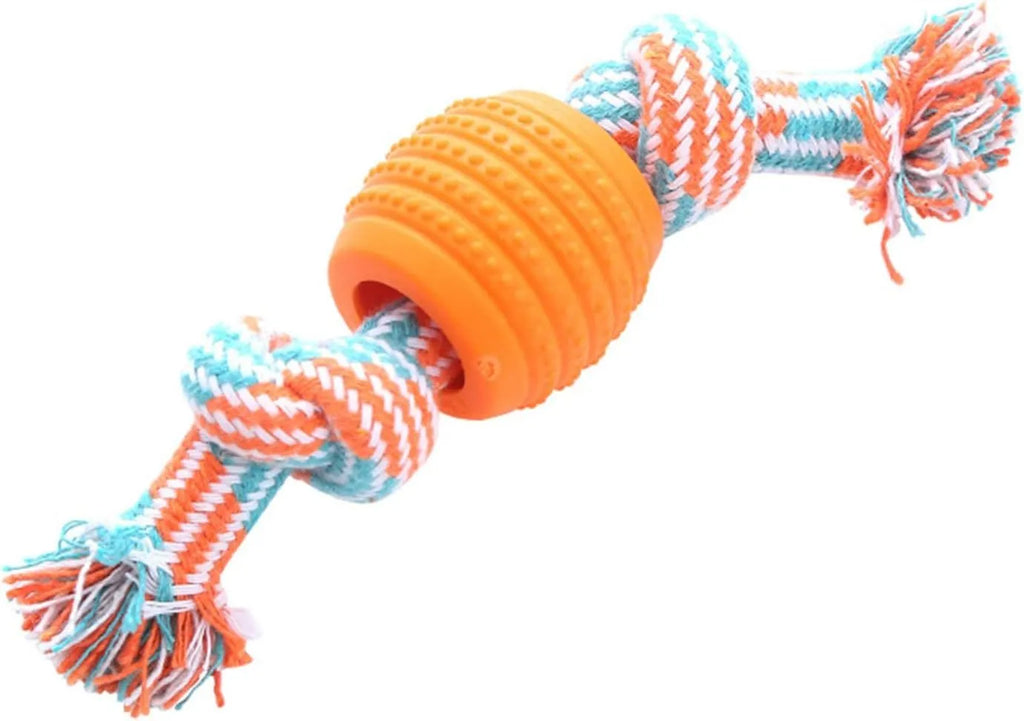 Blue dog chew toy with molar design and rope elements for teeth cleaning and interactive play