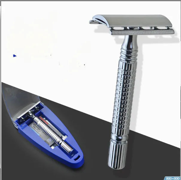 Chrome double edged safety razor with butterfly opening mechanism and storage box