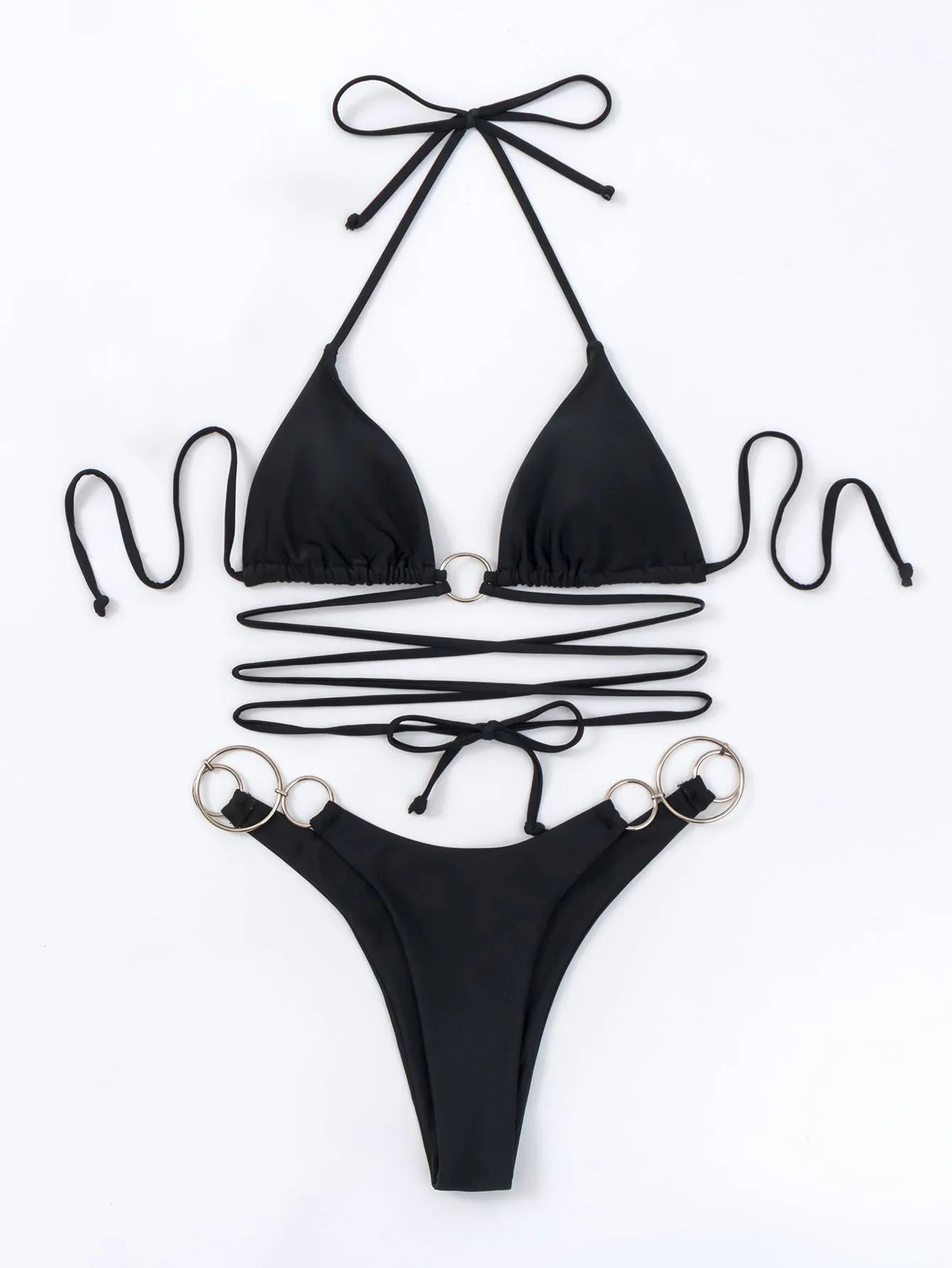 Black women's bikini swimsuit with a long strap and metal ring, showing backless design and split-style briefs.