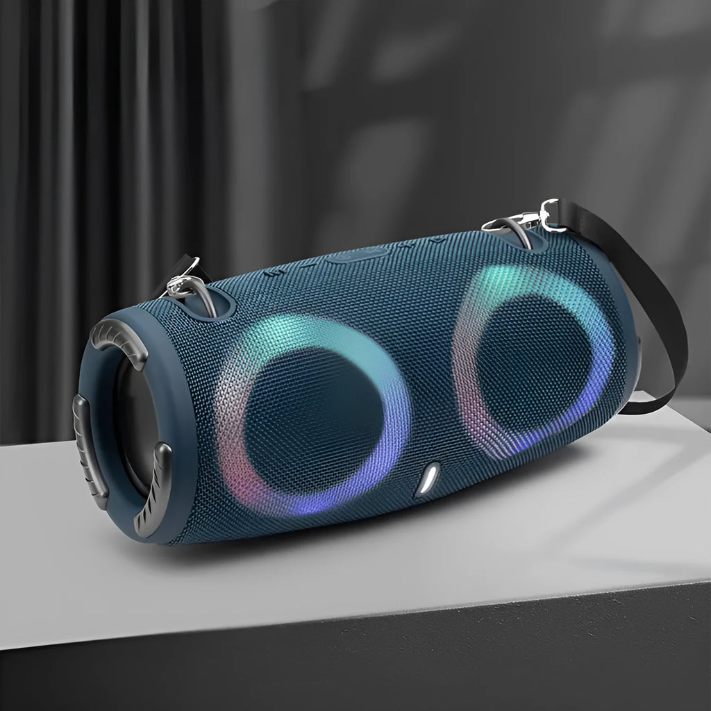 War drum design Bluetooth speaker with RGB coloured lights in black, blue, red, silver grey, and camouflage colours