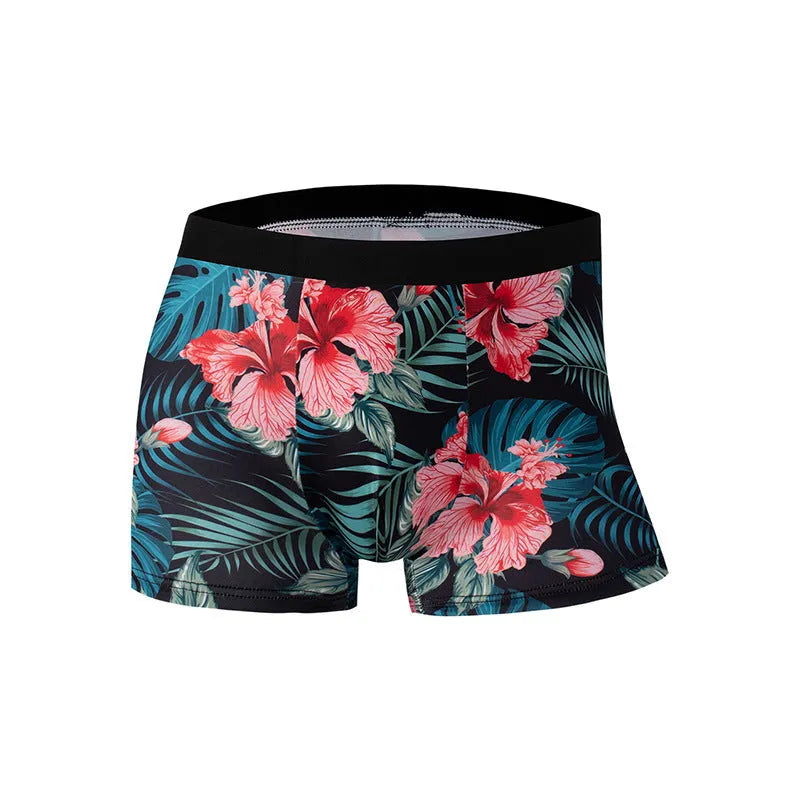 Ice silk men's underwear with printed pattern in polyester fabric showing mid waist design