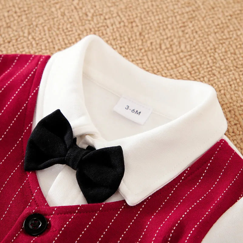 Wine red cotton romper for a baby boy in a gentleman style with long sleeves.