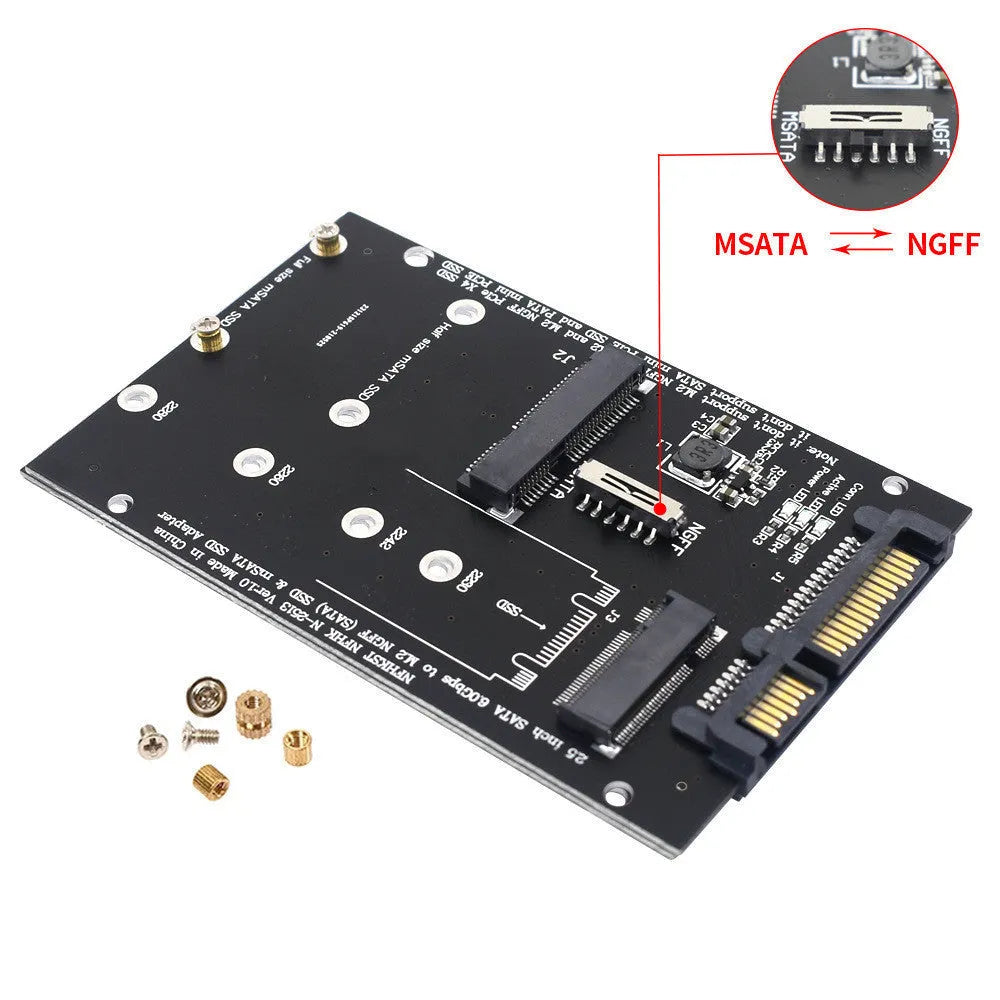Black or blue SATA 3 to M.2 NGFF mSATA SSD adapter conversion card on white background.