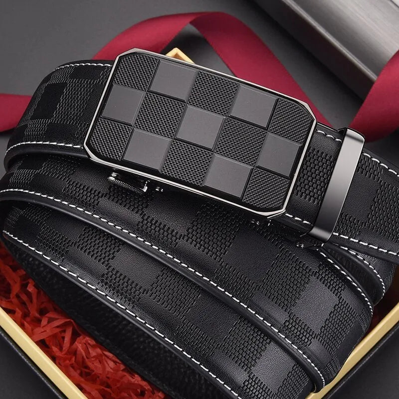 Men's genuine leather automatic buckle belt with alloy electroplated buckle in carved plaid colour