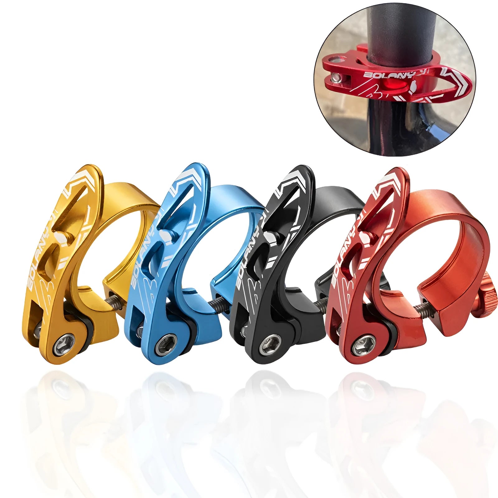 Aluminium bicycle seat post clamp in black, red, gold, or blue, showing 31.8mm and 34.9mm size options.