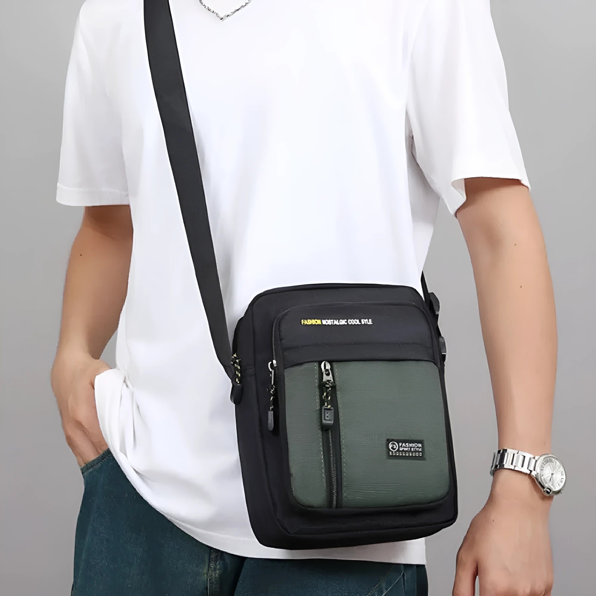 Men's casual outdoor messenger bag in nylon with crossbody strap and sewing thread details