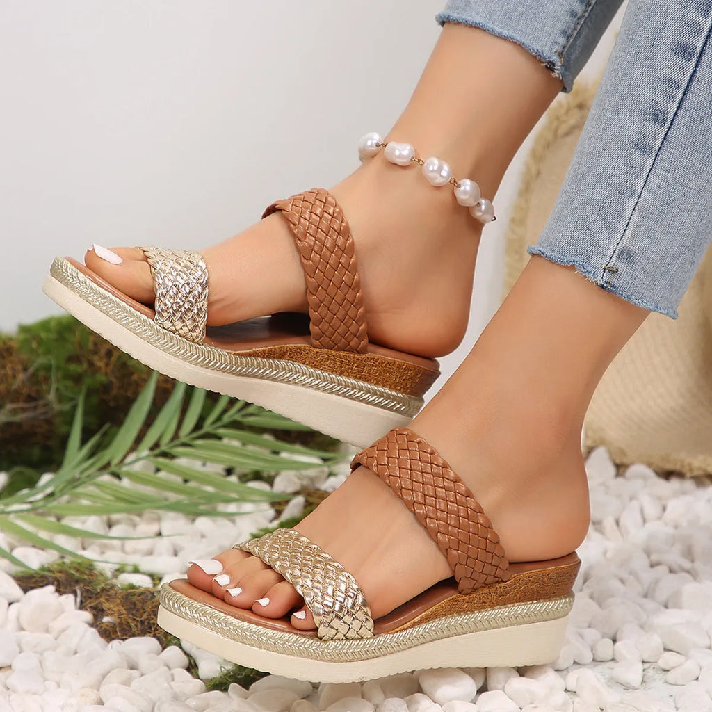 Women's plus size wedge sandals in gold metallic finish with rubber sole