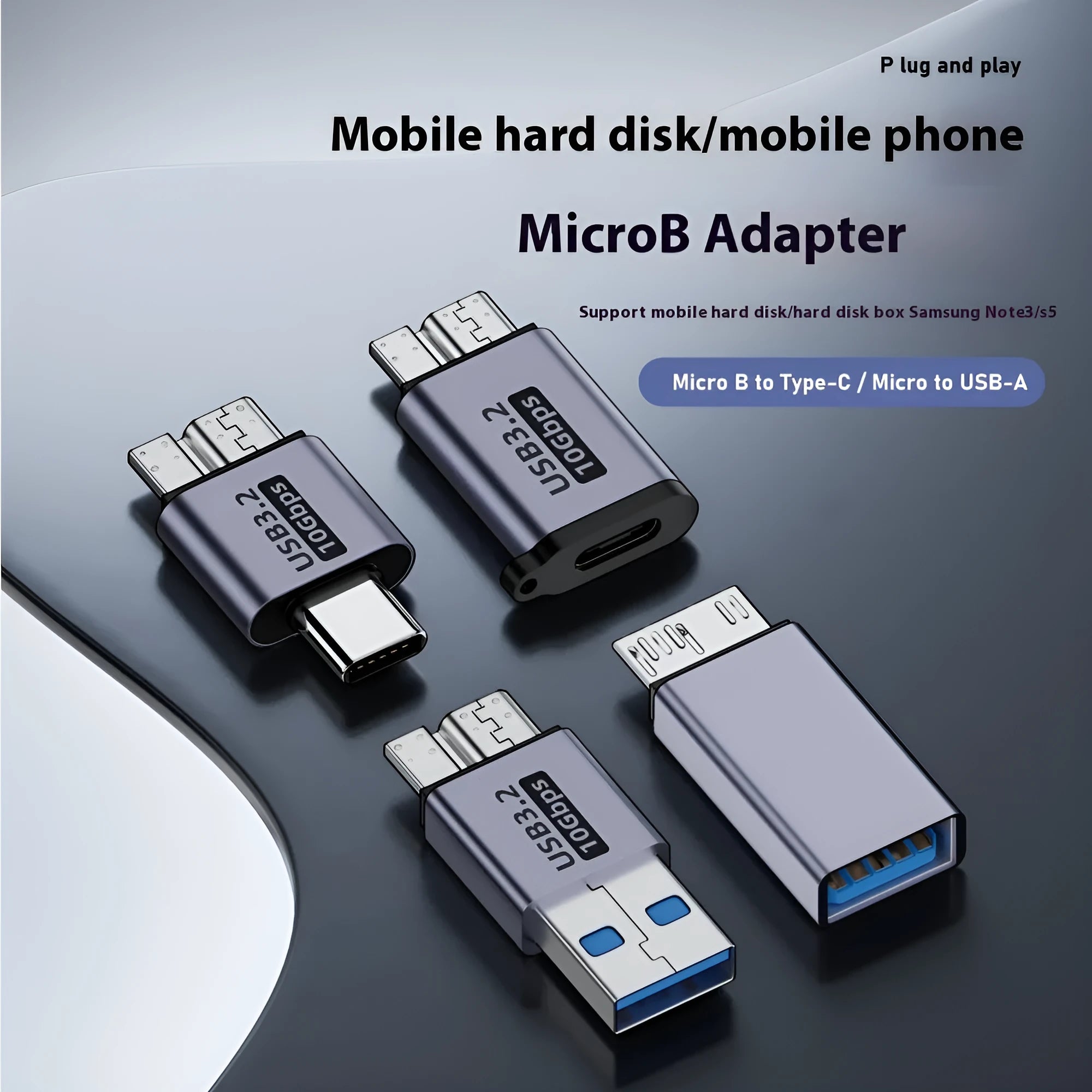 Micro B USB adapter for connecting to hard drives and phones, showing Type-C and USB port options.